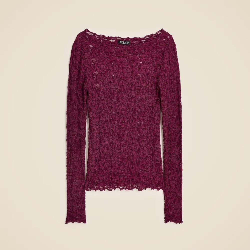 J Crew holiday lace boatneck top in maroon mulberry XXS